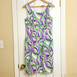 Tahari ASL Sleeveless Midi Sheath Dress Vibrant Paisley Purple Green Pink Size 6